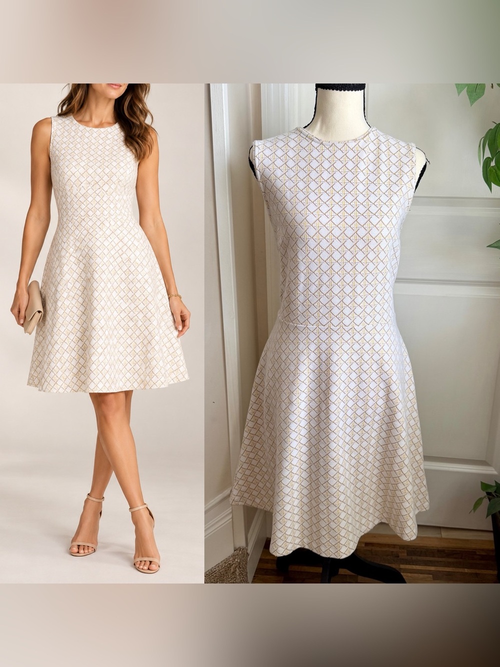 Ann Taylor Geometric Jacquard Fit & Flare Dress White Gold Sz 8